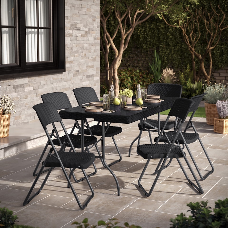 image 1 of 5Ft Rattan Effect Garden Folding Table and Chairs Garden Set - Black | Black | 7