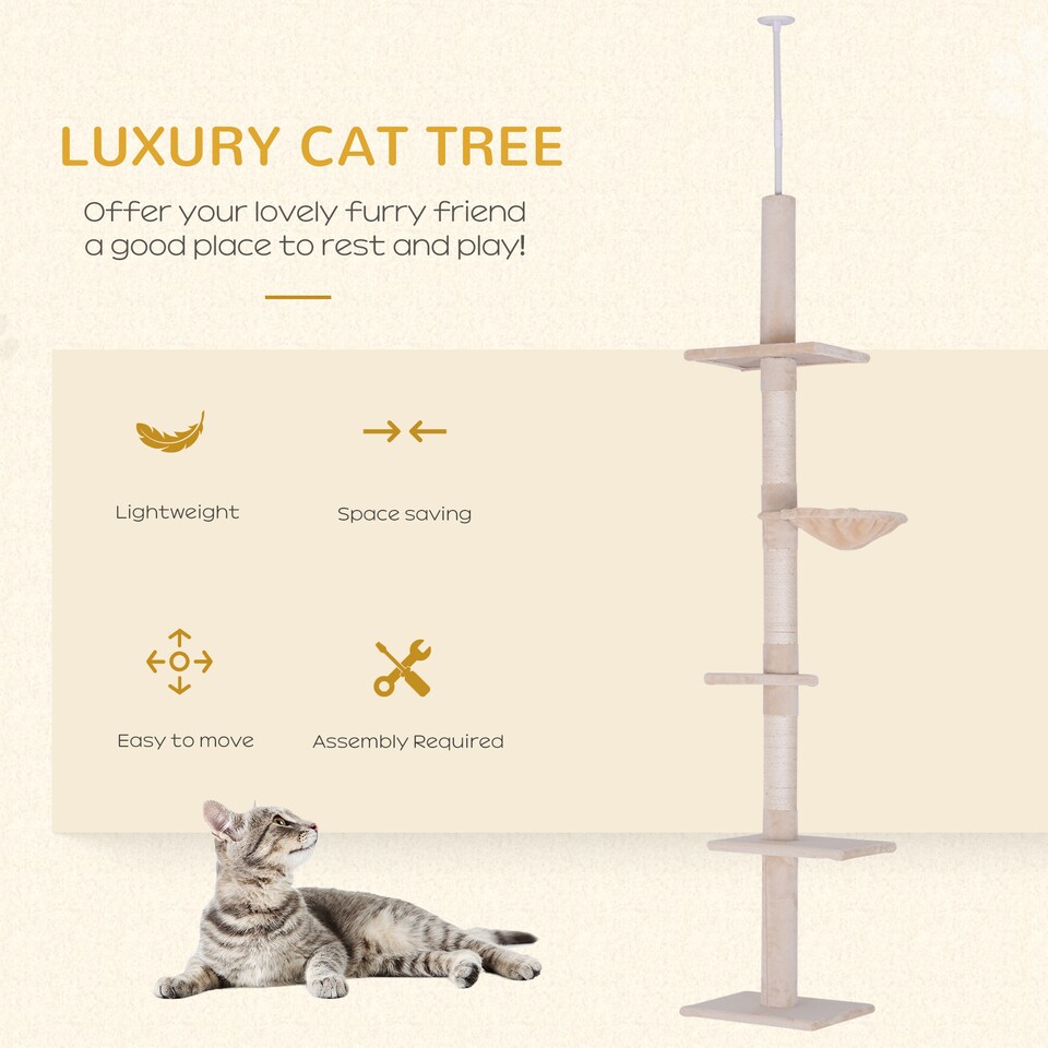 image 1 of PawHut Floor to Ceiling Cat Tree 5-Tier Climbing Tower Scratching Post