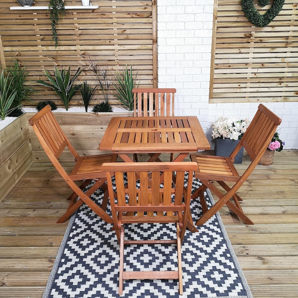 image 1 of Outdoor 4 Person Folding Square Wooden Garden Patio Dining Table and Chairs Set