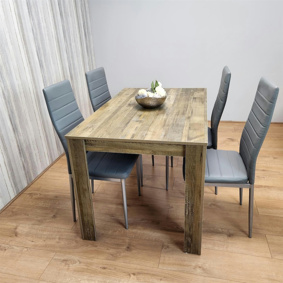 image 1 of Dining Table and 4 Chairs Rustic Effect Wood Table 4 Grey Leather Chairs Dining Room | Brown | 5