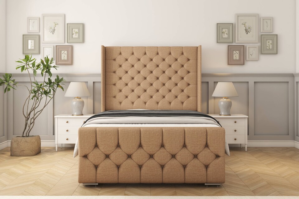 image 1 of Sloomy Luthor Latte Dumfries Bed Frame With 50"  Upholstered Wingback Headboard 5' King