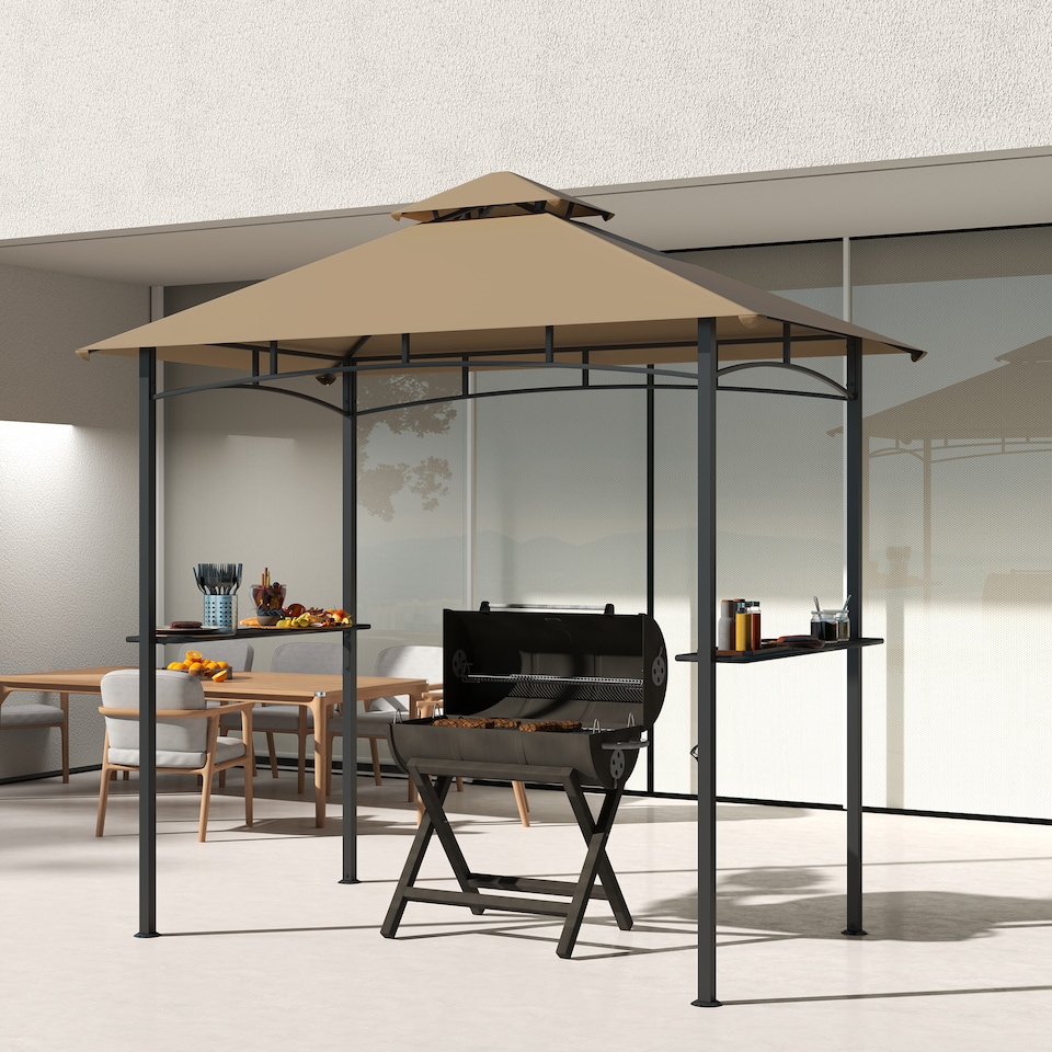image 1 of Outsunny 2.5x1.5m 8x5 Grill Gazebo Canopy, Double Tiered Outdoor BBQ Gazebo Shelter with 2 Side Shelves for Garden, Patio, Barbecue, Picnic, Khaki