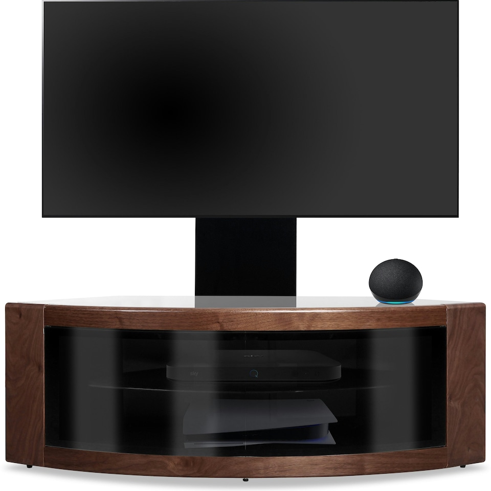 image 1 of Centurion Supports PANGEA Black/Walnut Beam-Thru Curved True-Corner 32"-50" TV Cabinet with Mounting Arm Black | Walnut