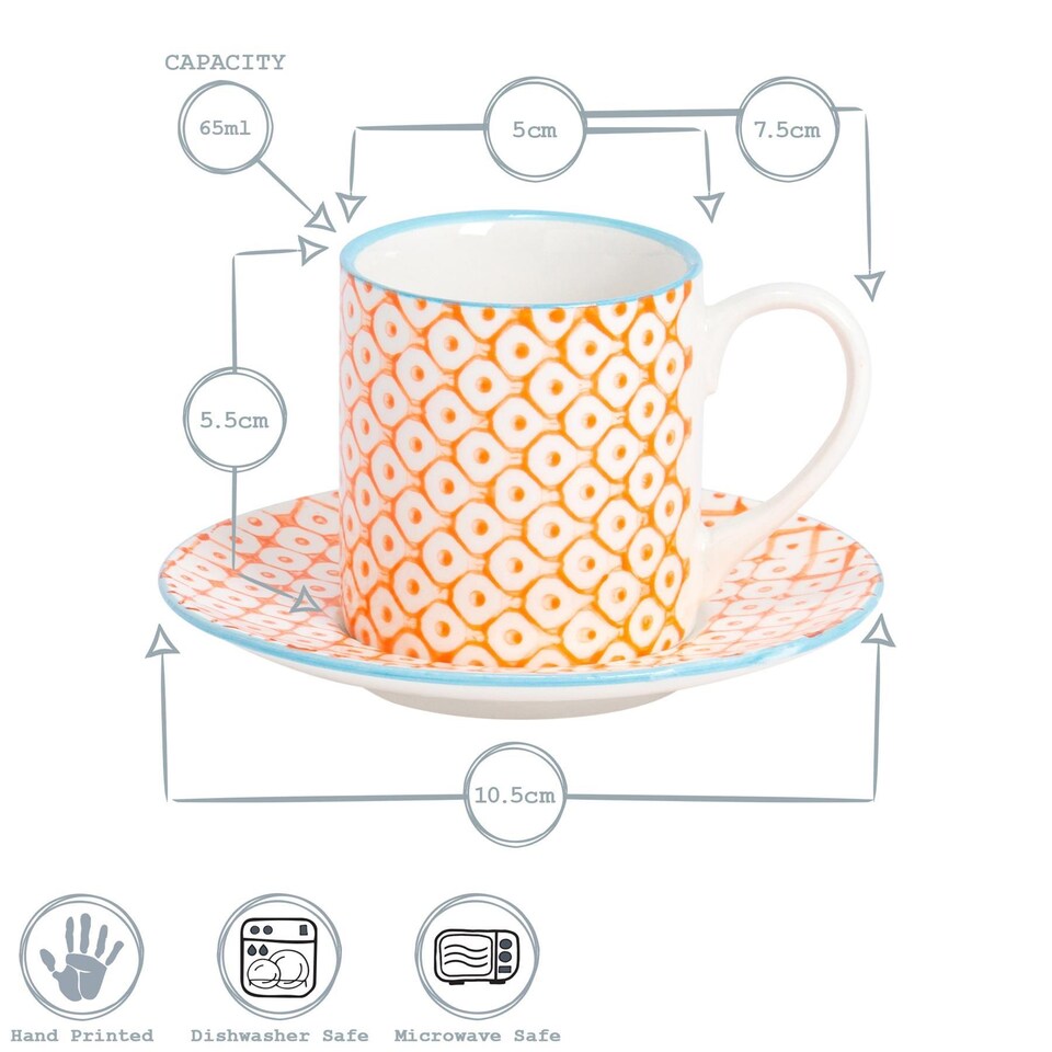 image 1 of Nicola Spring 12 Piece Hand-Printed Espresso Cup & Saucer Set - 65ml - Orange | Orange | Orange | 12