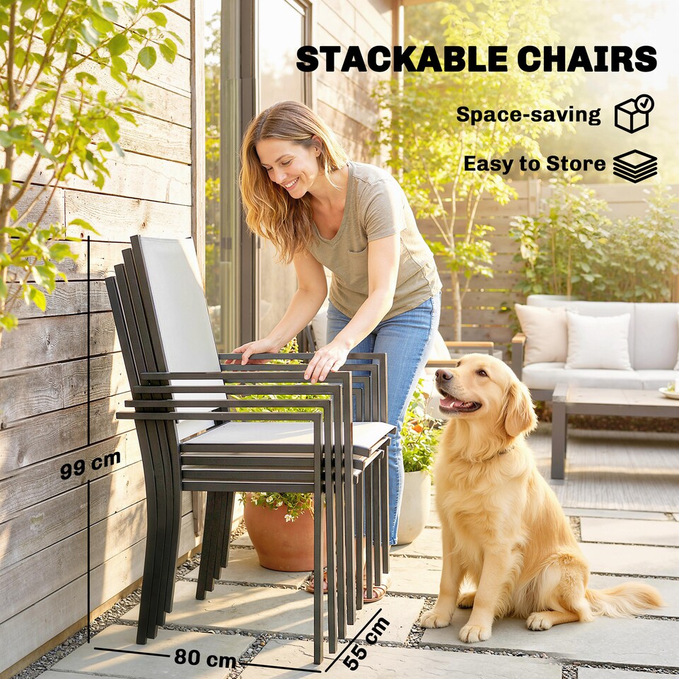image 1 of Outsunny Garden Dining Set with Umbrella Hole, Stackable Chairs, Light Grey | Grey | Light Grey | Table: 120 x 68 x 72 cm; Chair: 54 x 62 x 89 cm