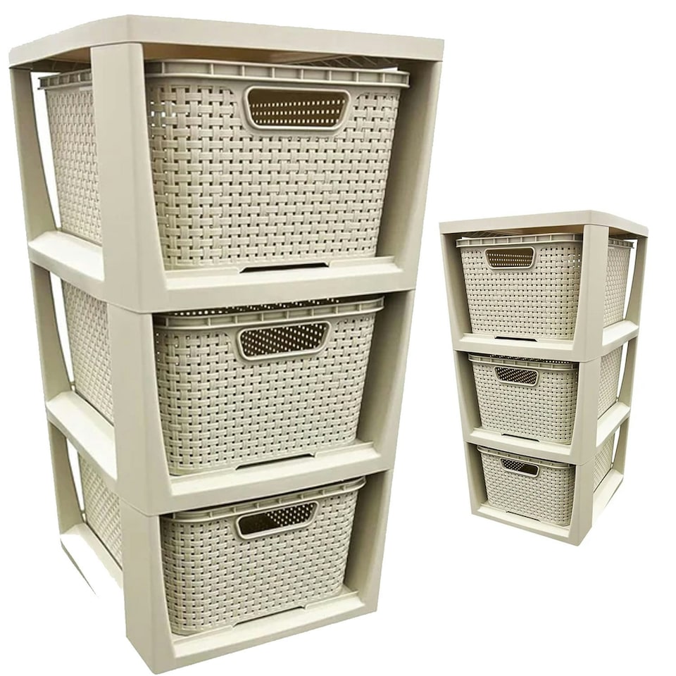 image 1 of 3 Drawer Large Spacious Rattan Effect Cream Home Office Modular Storage Tower Unit Cream