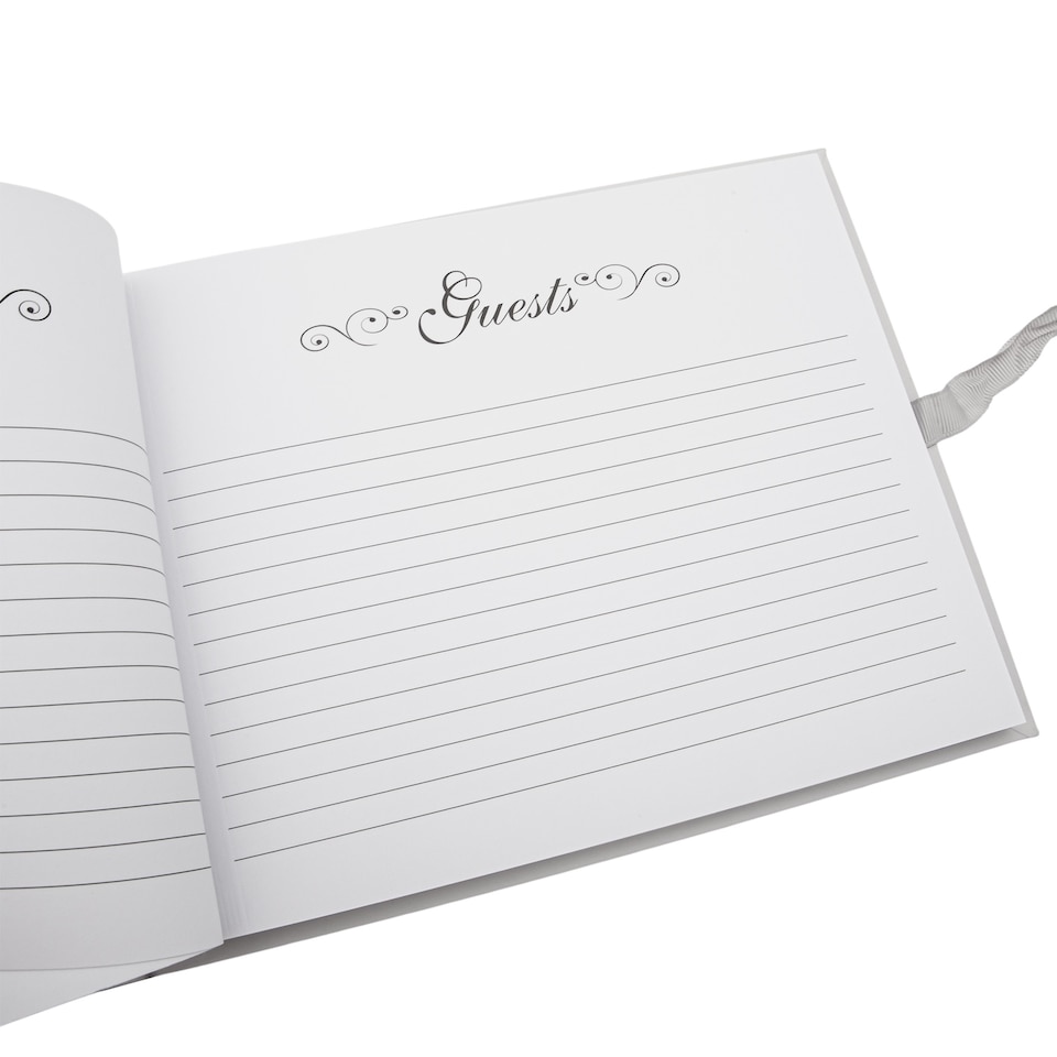 image 1 of Grey Baby Shower Guest Book with Silver Plated Rattle Pram and Booties