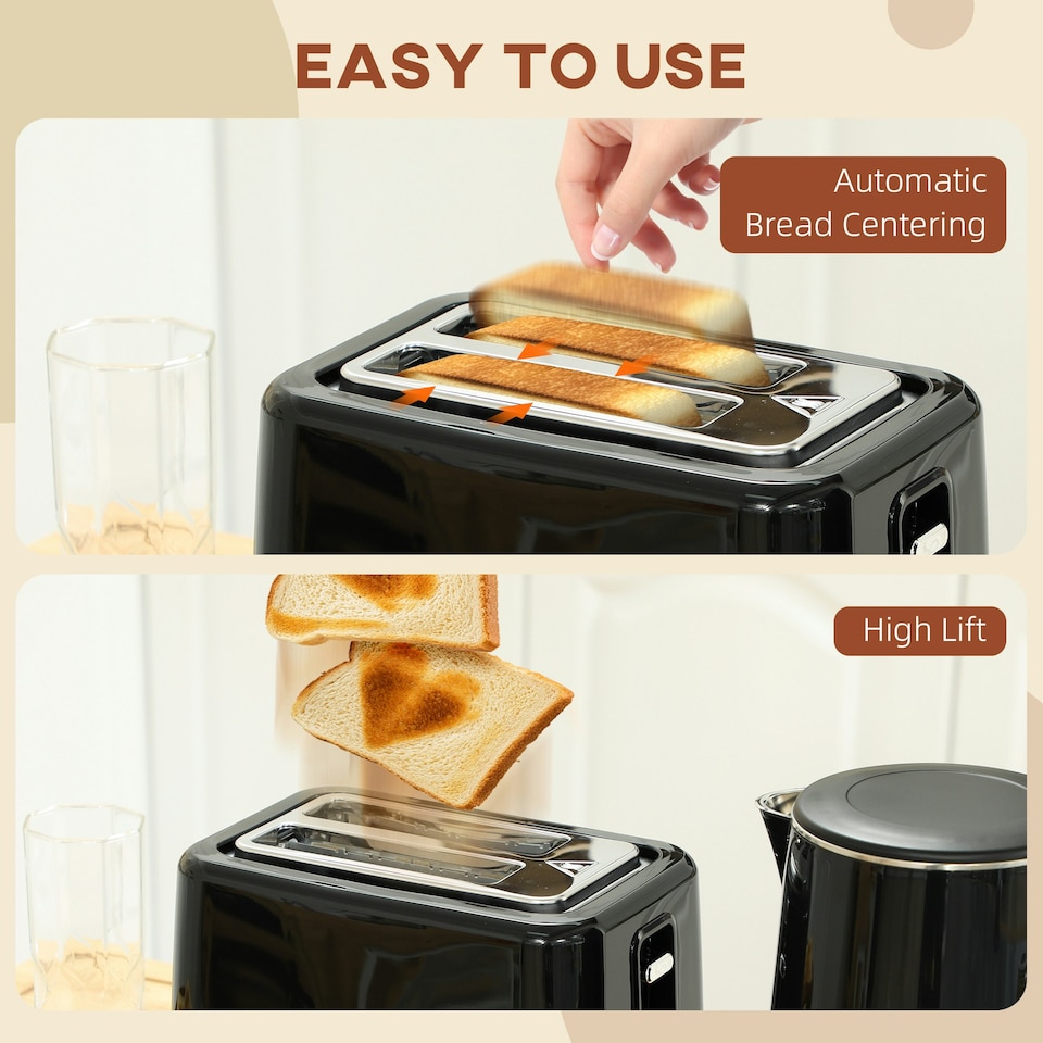 image 1 of HOMCOM 1.5L 3000W Fast Boil Electric Kettle and 2 Slice Toaster Set, Black