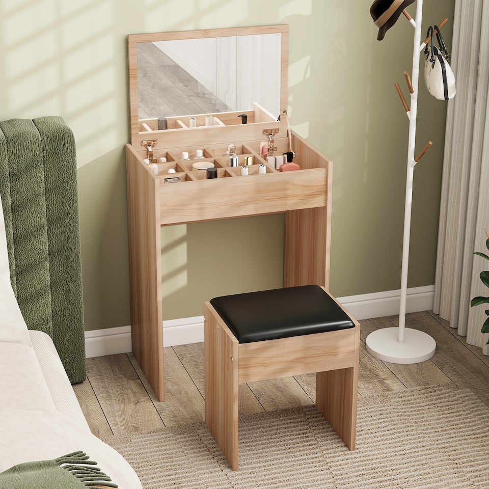 image 1 of HOMCOM Dressing Table with Mirror and Stool, Vanity Makeup Table with Flip Up Mirror, Vanity Desk with Storage Unit and Padded Seat, Wood