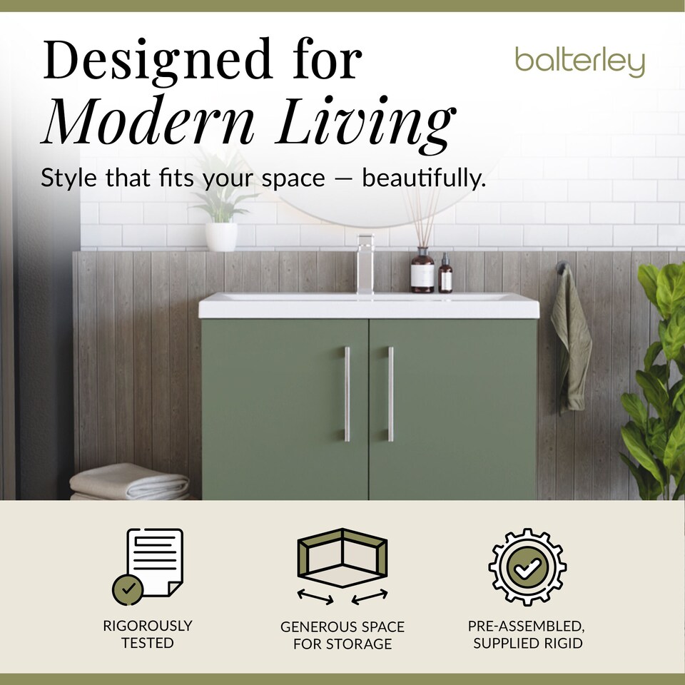 image 1 of Balterley Contemporary Bathroom Floor Standing 2 Soft-Close Door Vanity Unit & Mid-Edge Basin | Green | Satin Green