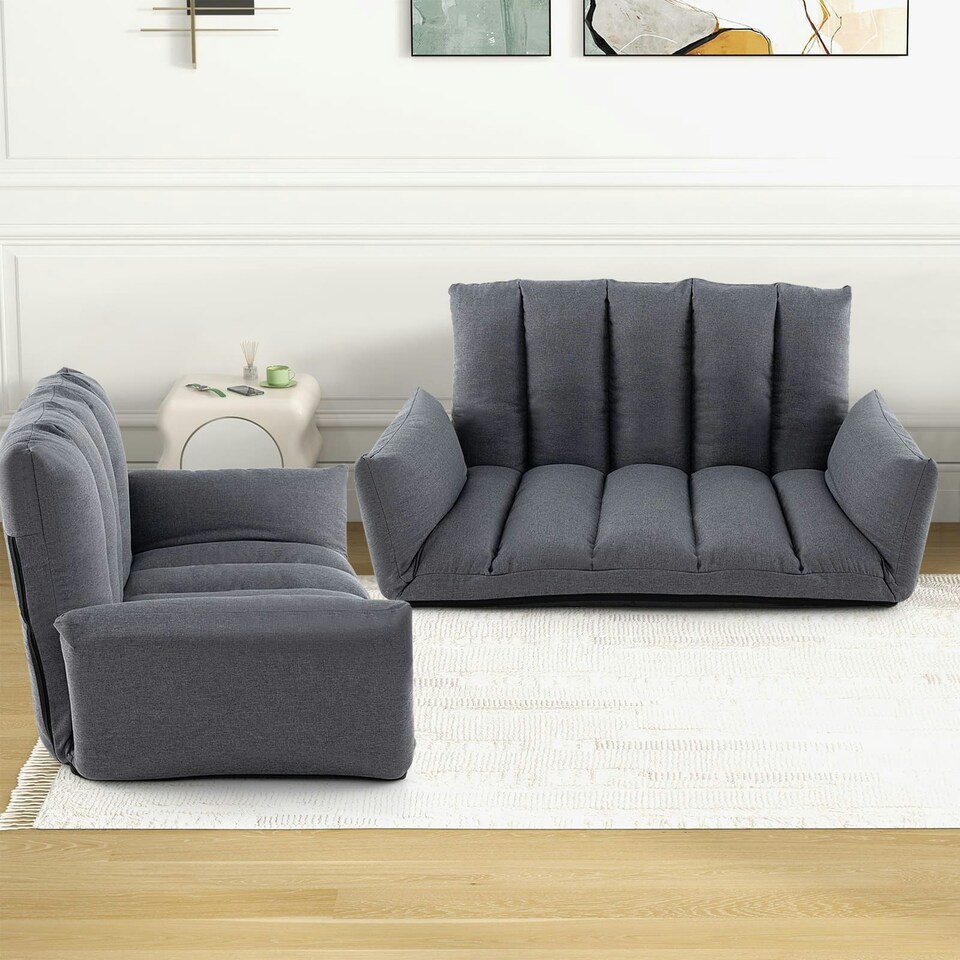 image 1 of COSTWAY Foldable Floor Sofa Upholstered Recliner Chair Grey