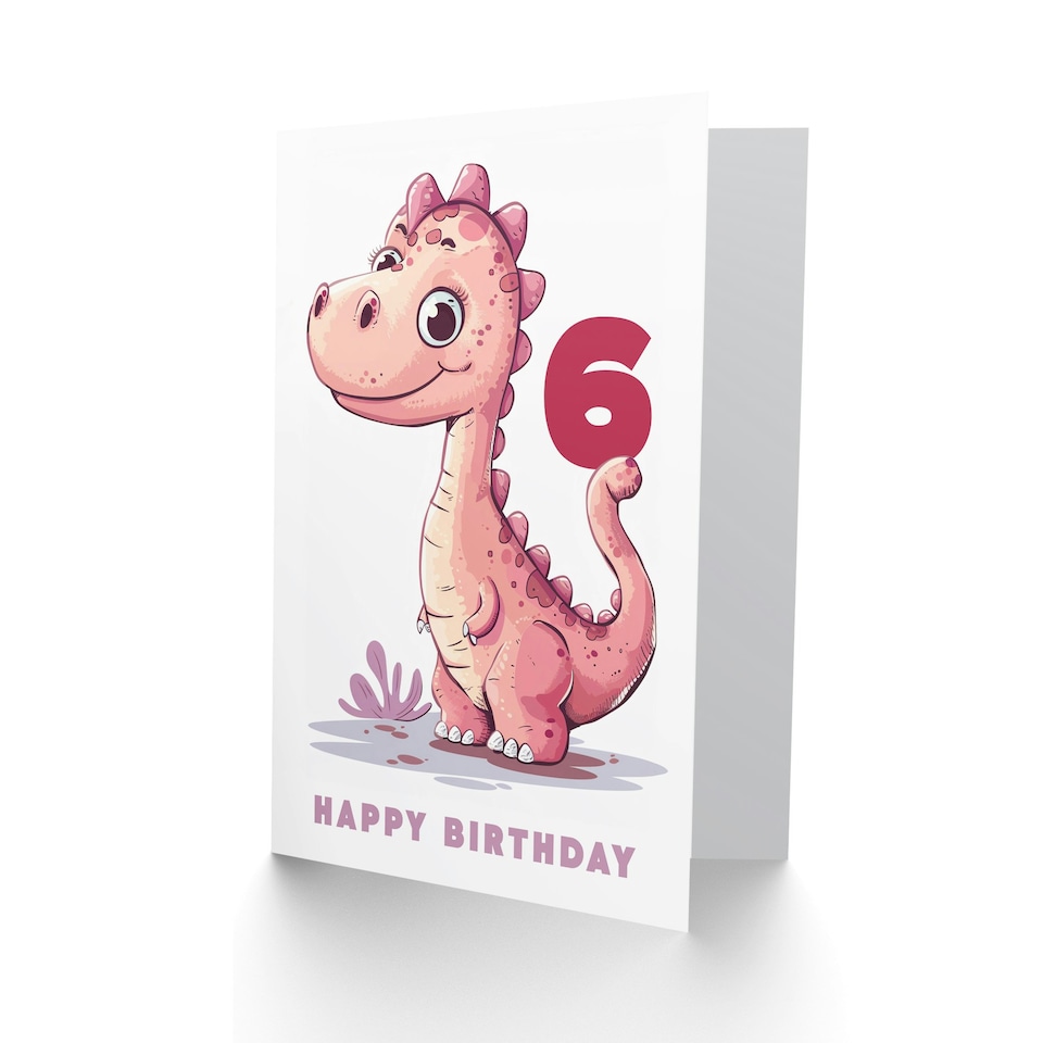 image 1 of Cute Pink Dinosaur Cartoon Age 6 Year Old Child Kids 6th Birthday Card