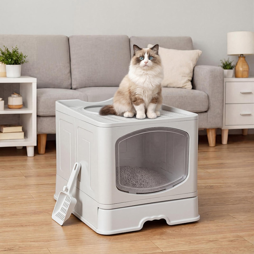 image 1 of Skylos Cat Litter Box Foldable Entry Top Exit Anti Tracking Cat Litter Tray