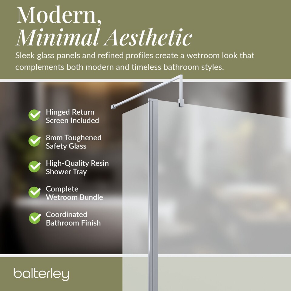 image 1 of Balterley Glass Walk In Wetroom Screen and Hinged Return Screen with Profile and Shower Tray | Silver | Chrome