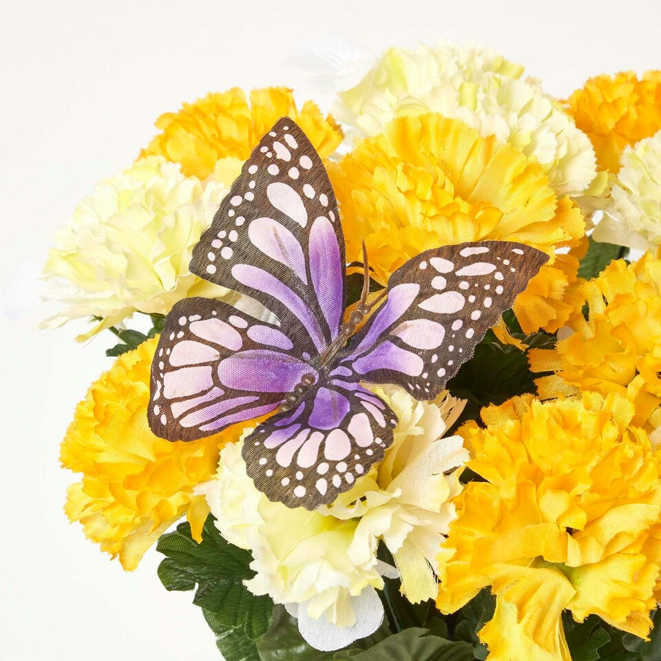 image 1 of Homescapes Set of 2 Yellow & Pink Carnation Artificial Flowers with Butterfly Decoration in Grave Vases