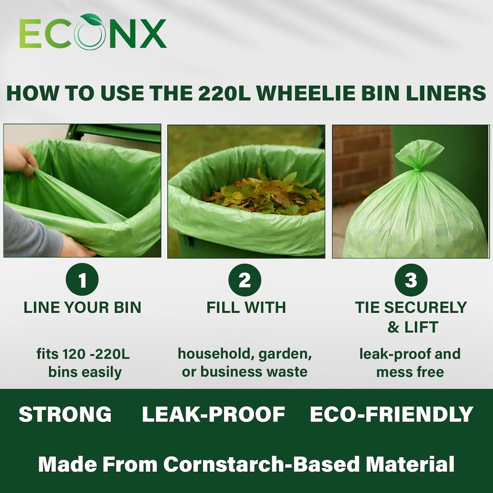 image 1 of ECONX 220L X 20 Compostable Wheelie Bin Liners Bags Biodegradable Refuse Sacks Waste Bag