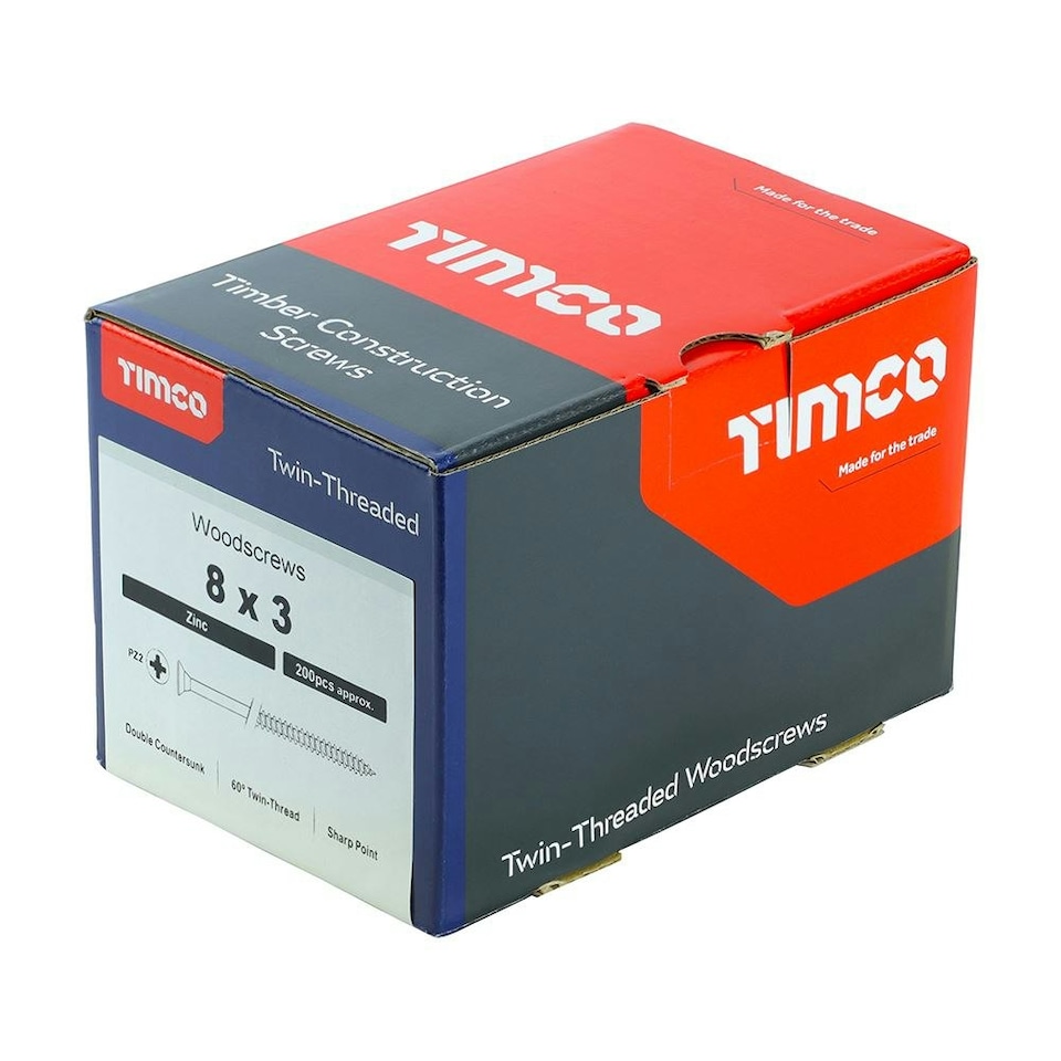 image 1 of Timco - Twin-Threaded Woodscrews - PZ - Double Countersunk - Zinc (Size 8 x 3 - 200 Pieces)