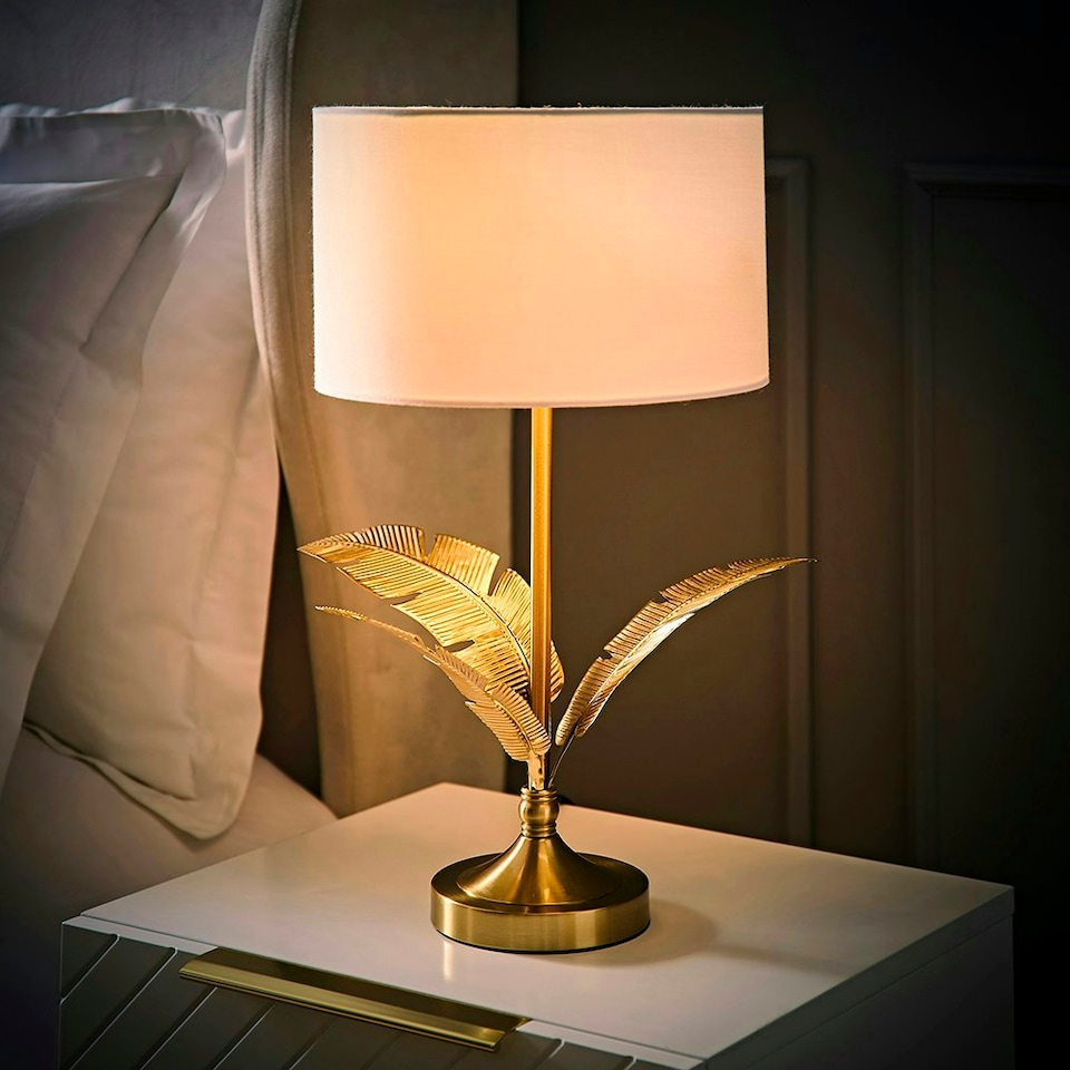 image 1 of ValueLights Christina White Drum Shade Gold Palm Leaf Detail Single Stem Table Lamp Gold