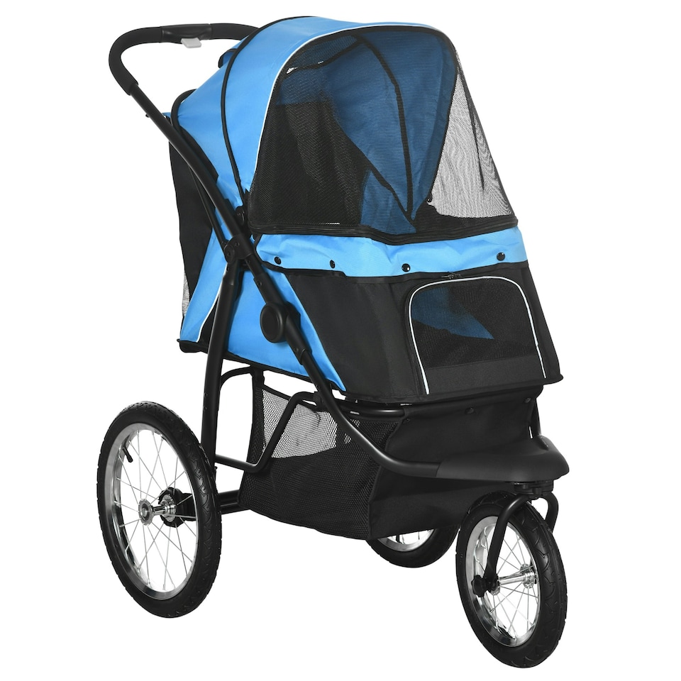image 1 of PawHut 3 Wheel Pet Stroller, for Medium Small Dogs, Foldable Cat Pram - Blue