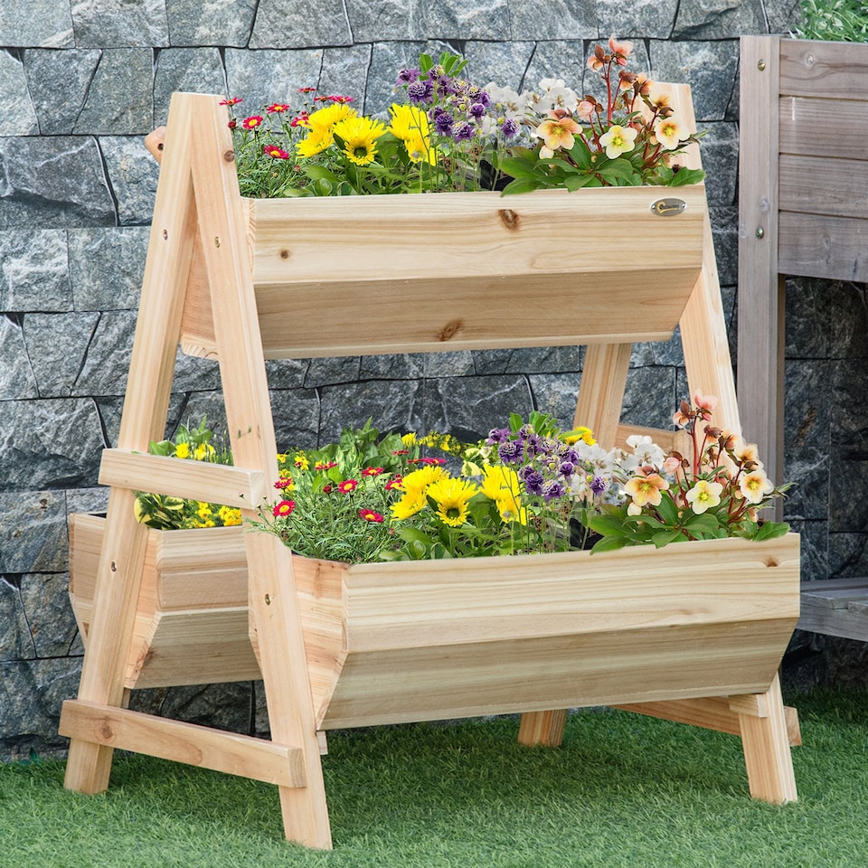 image 1 of Outsunny Raised Garden Bed Wood Planter Box with Stand for Vegetables Flowers