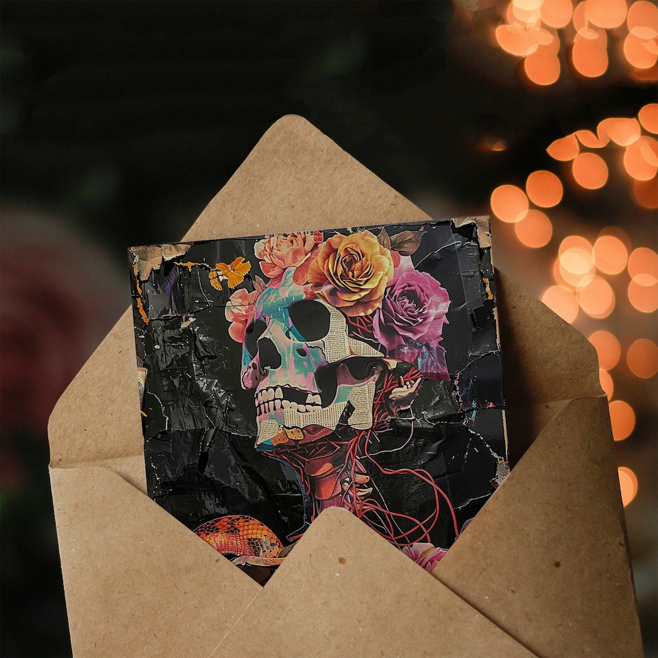 image 1 of Floral Gothic Memento Mori Skeleton Collage Partner Anniversary Card