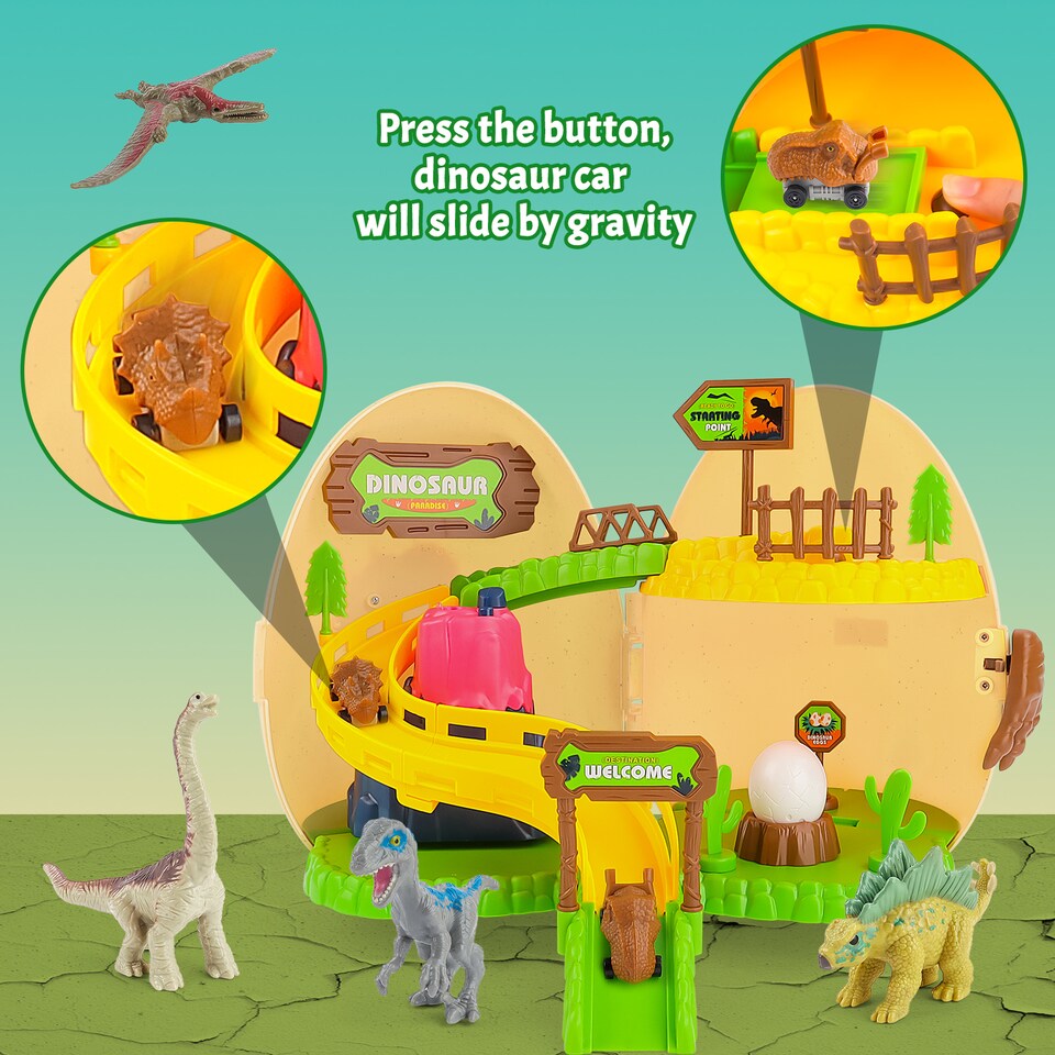image 1 of 26-Piece Dinosaur EGG Toy Set – Dinosaurs, Slide Track, Mini Dino Car & Electric Volcano!