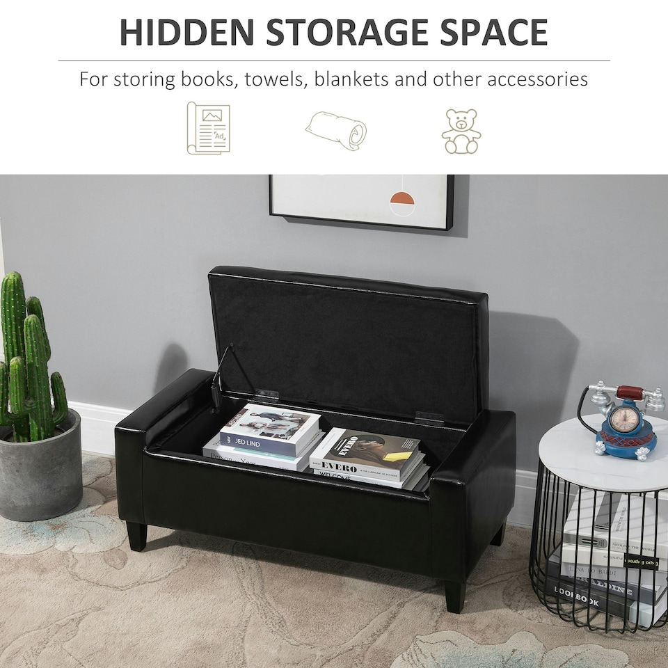image 1 of HOMCOM 40x90cm PU Leather Storage Ottoman Bench Wood Frame w/ Tufting Feet Black