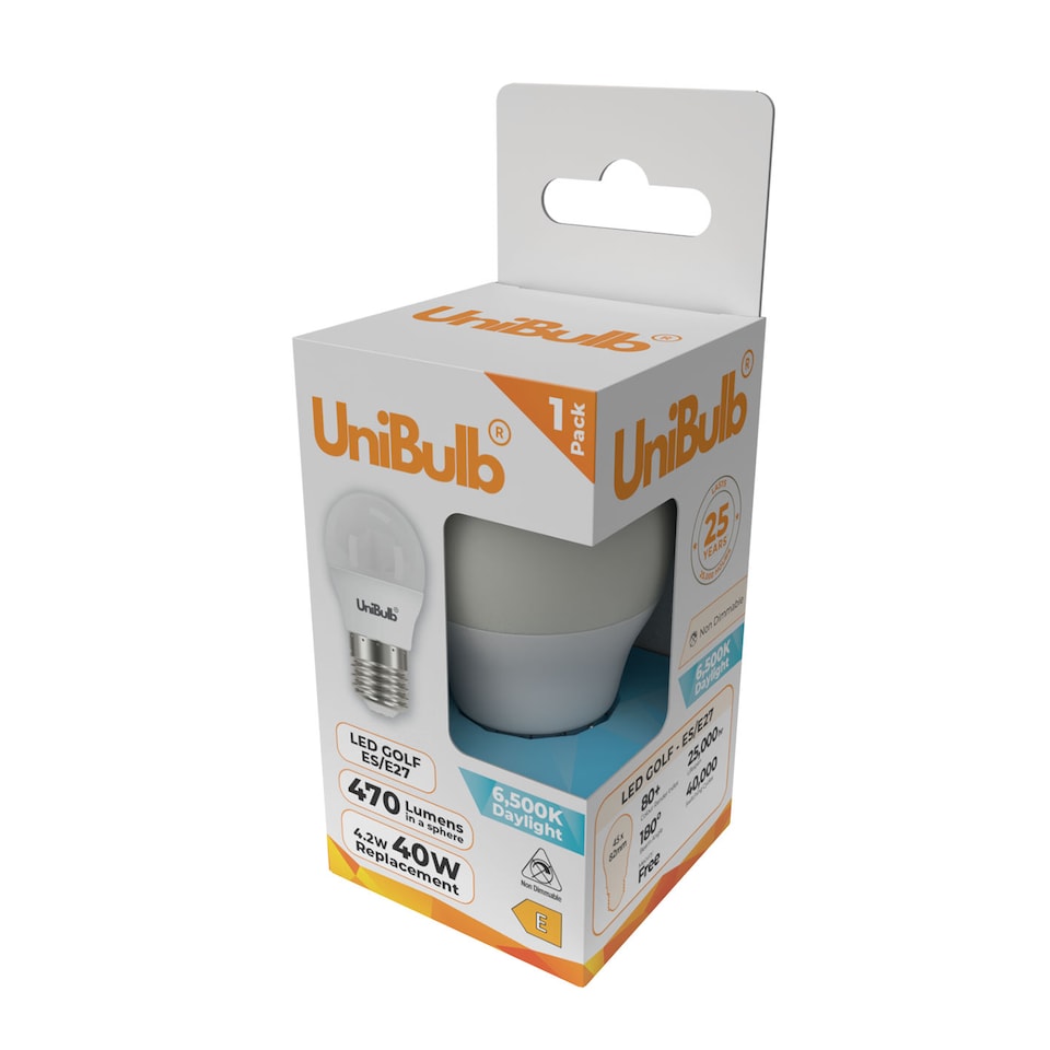 image 1 of UniBulb LED Golf Ball E27 470lm 4.2W 6500K (Daylight) Light Bulb - Pack of 1 | White | Daylight | 1