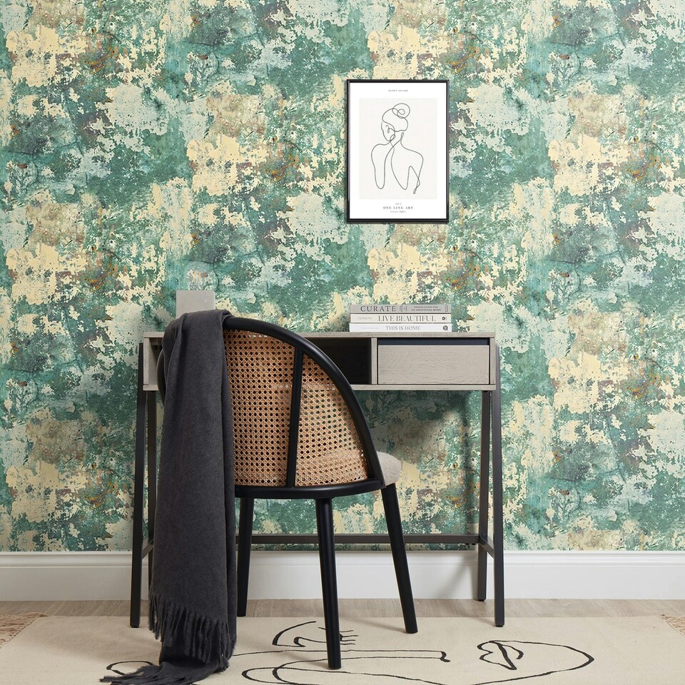 image 1 of Patina Concrete Effect Wallpaper in Teal and Ochre Multi