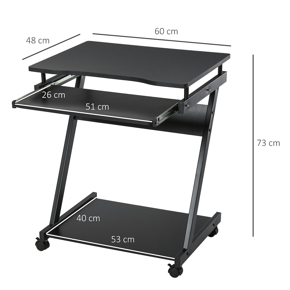 image 1 of HOMCOM Movable Computer Desk with 4 Moving Wheels Sliding Keyboard Tray Black
