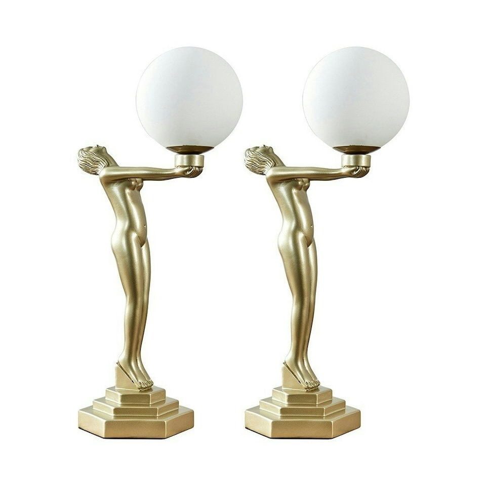 image 1 of ValueLights Pair of Olivia Matt Gold Art Deco Table Lamps with a White Glass Globe Shade and LED Bulbs Gold