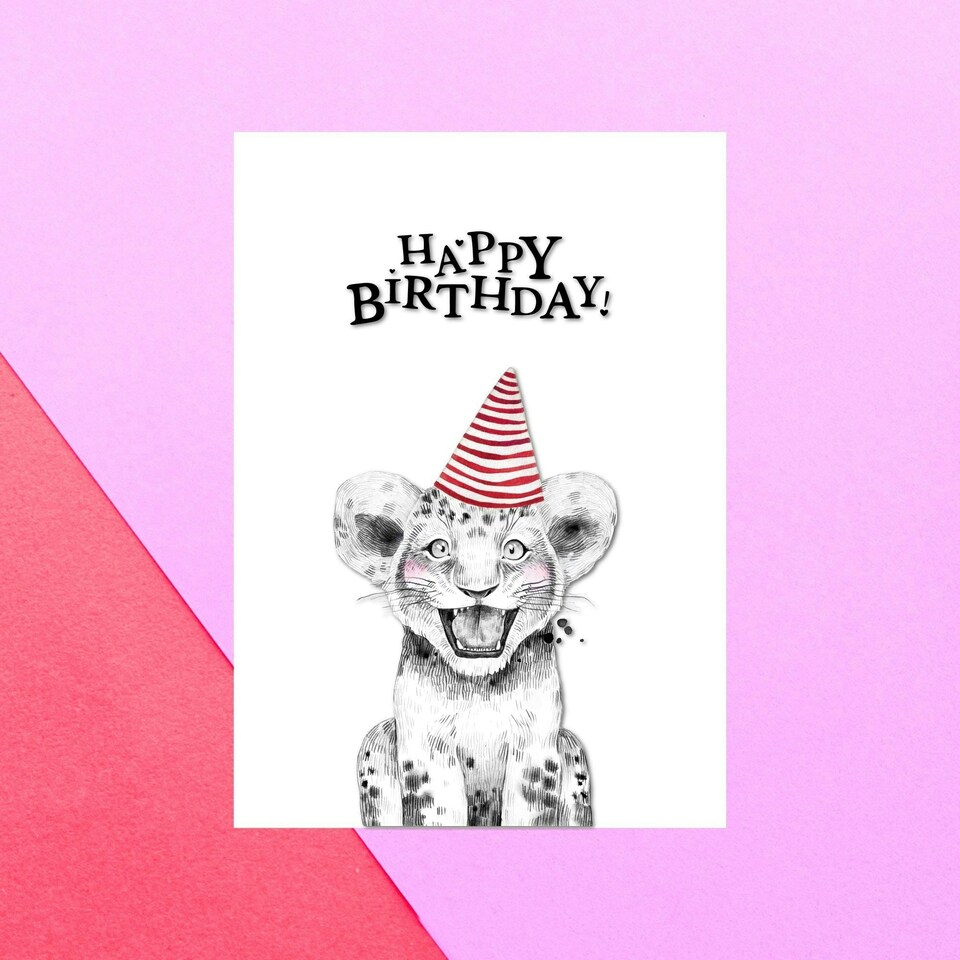Happy Birthday Lion Cub Hat Greetings Card