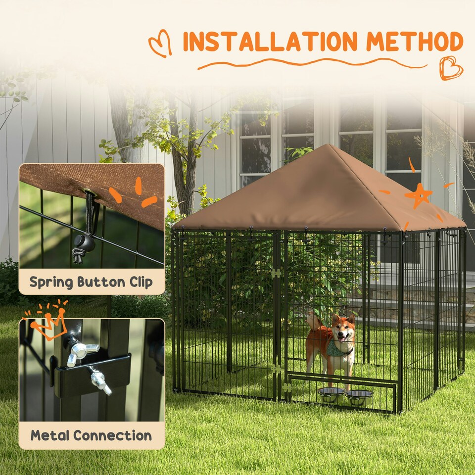 image 1 of PawHut Outdoor Dog House Kennel with Canopy Top & Lock Rotating Bowl Holder