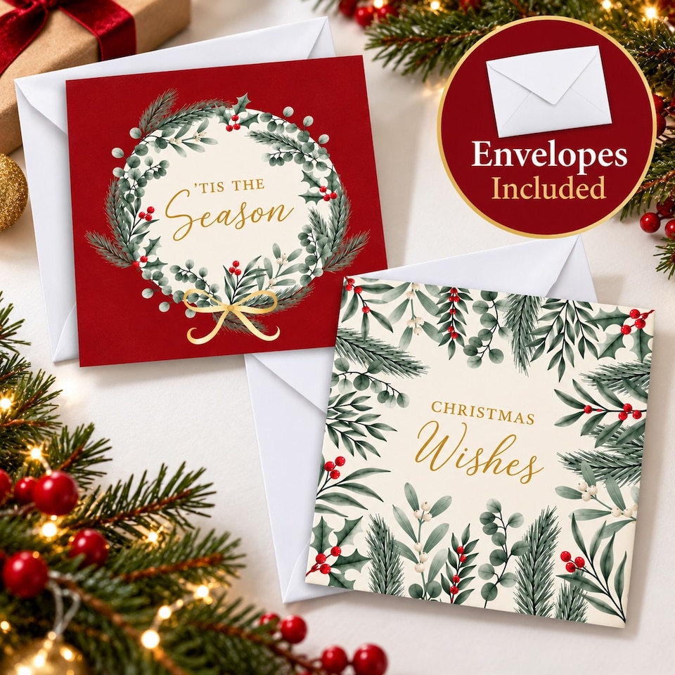 image 1 of 24 Christmas Cards With Envelopes Foliage Holly Wreath 2 Deigns