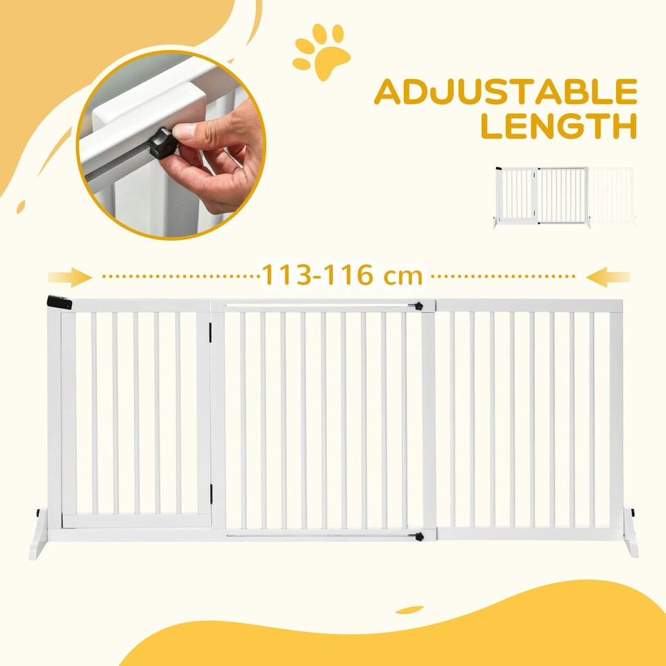 image 1 of PawHut Wooden Freestanding Pet Gate Adjustable w/ Door Lock Safe Barrier White