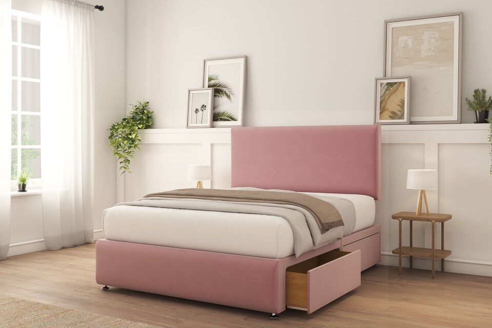 image 1 of Sloomy Rutherford Pink Plush Divan Bed With Mattress 2 Drawers Left 26" Strutted Headboard & 12" Footboard 6' Super King