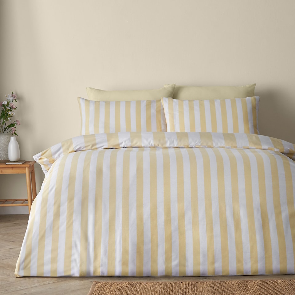 image 1 of Catherine Lansfield Cove Stripe Reversible Duvet Cover Set | Yellow | King