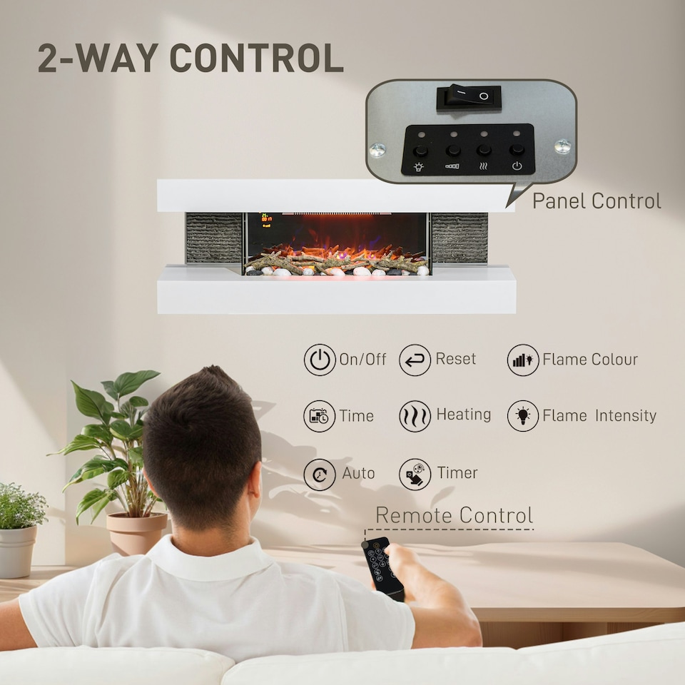 image 1 of HOMCOM 2000W Wall Mounted Electric Fireplace, Freestanding, 2000W, White