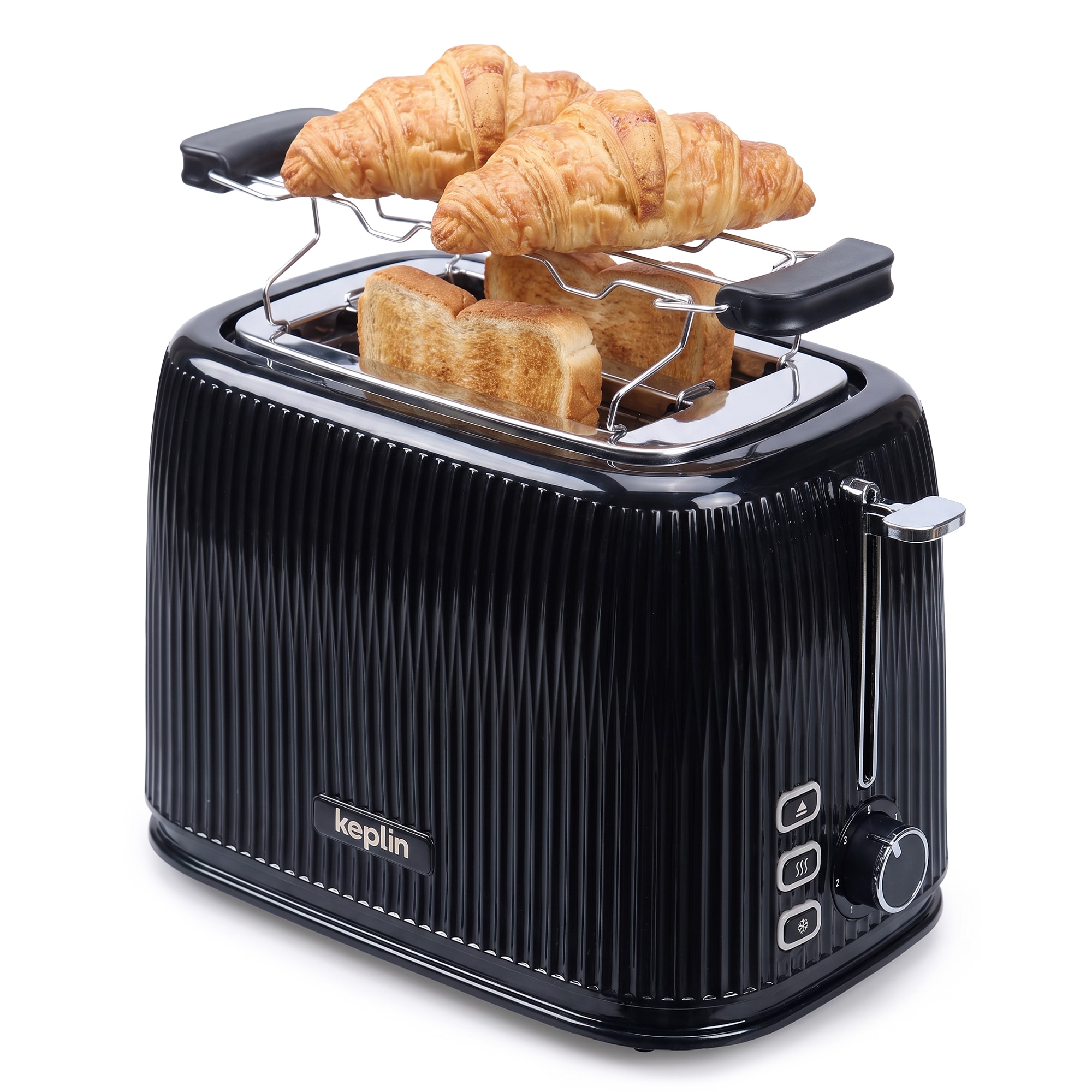 Keplin 2 Slice Toaster - 7 Browning Settings, Wide Slots, Bun Warmer in Black