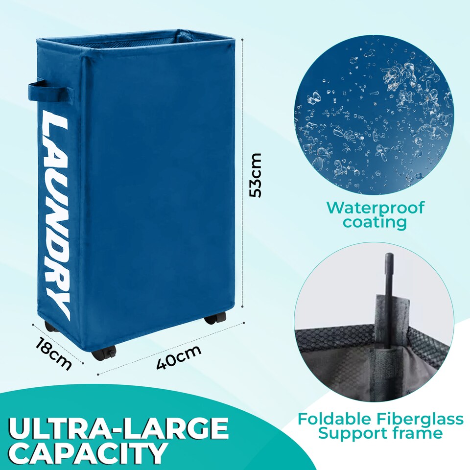 image 1 of 38L Slim Laundry Basket with Wheels, Rolling Laundry Hamper with Storage Bin
