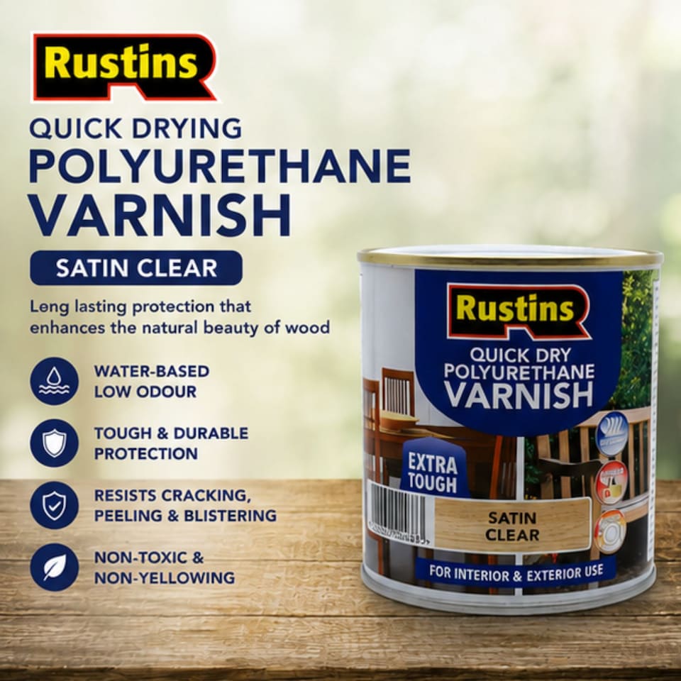 image 1 of Rustins Quick Drying Polyurethane Varnish Satin Clear 250ml | Clear | Clear | 250ml | 1