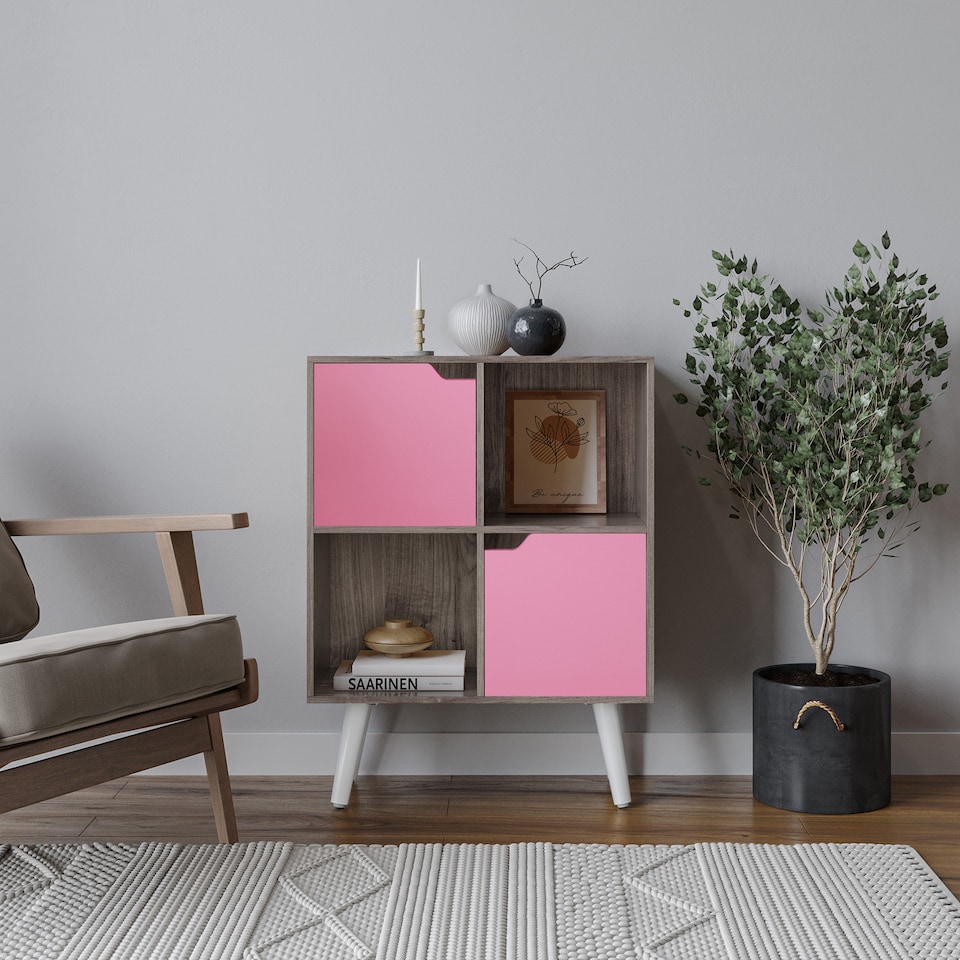 image 1 of Anthracite Oak 4-Cube Storage Unit with 2 Wooden Doors and Legs | Pink | Pink & White | 1