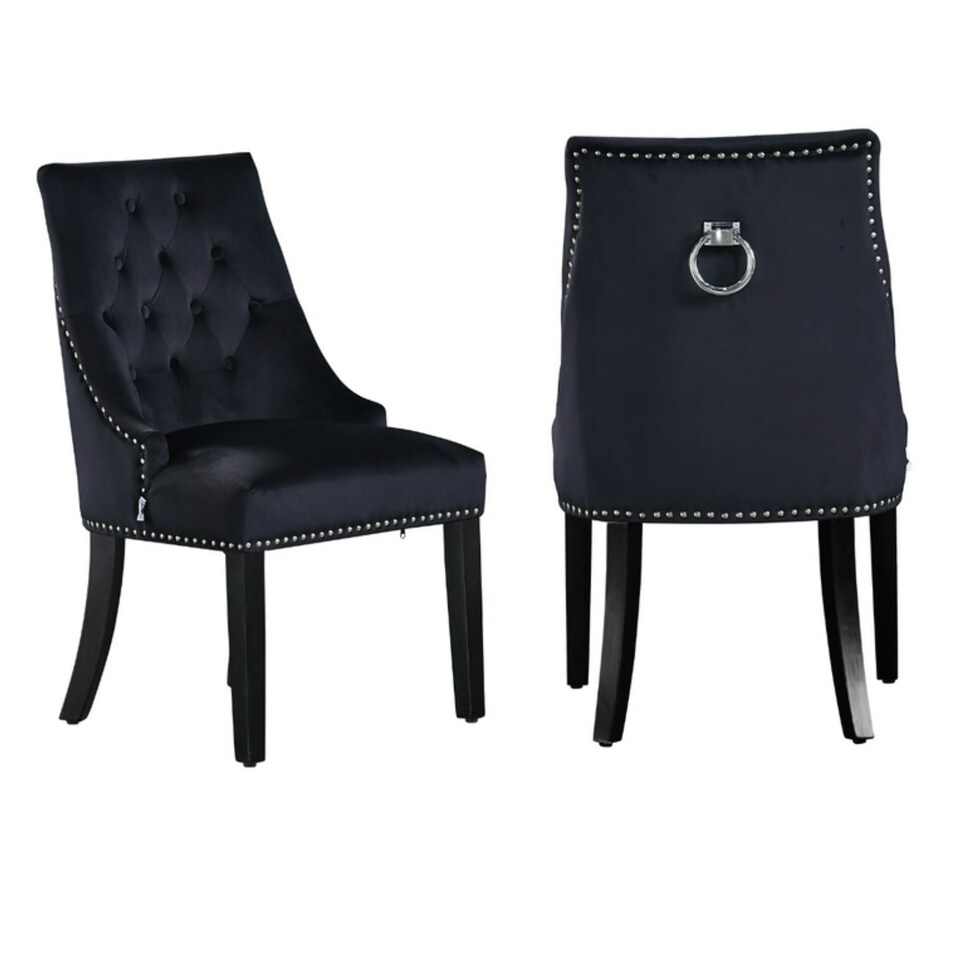image 1 of Set of 2 Velvet Dining Chairs Ergonomic Scoop Knockerback & Button Tufted Wood Legs Black