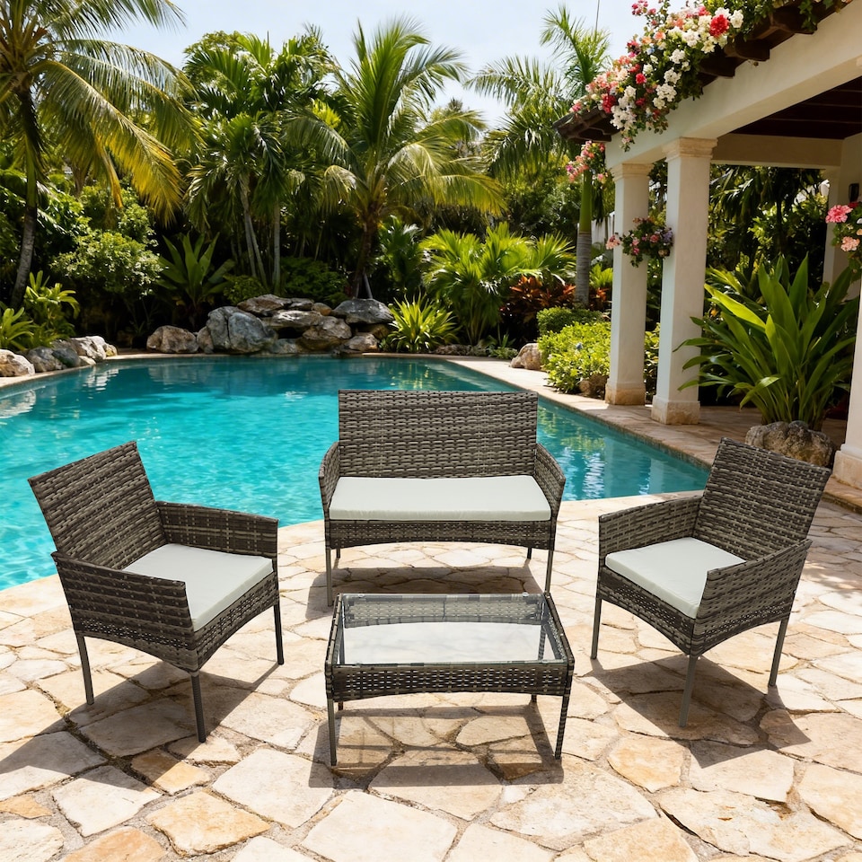 image 1 of Alivio 4 Piece Rattan Sofa Set Patio Furniture with Coffee Table Weather Resistant UV Protected Cushions for Indoor Outdoor Use | Grey | 1