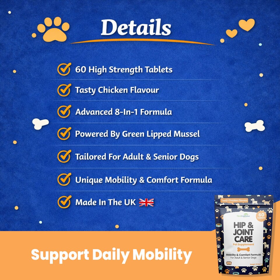 image 1 of Dog Hip &  Joint Care Support Supplement - With Green Lipped Mussel - 60 Chicken Tablets - For Adult & Senior Dogs - Mobility Support