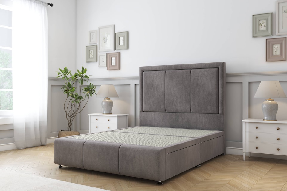 image 1 of Sloomy Lancaster Slate Naples Divan Bed Base 2 Drawers Left Side With 26 Inch Strutted Headboard & 12 Inch Matching Footboard | Grey | Slate | Super King | 1