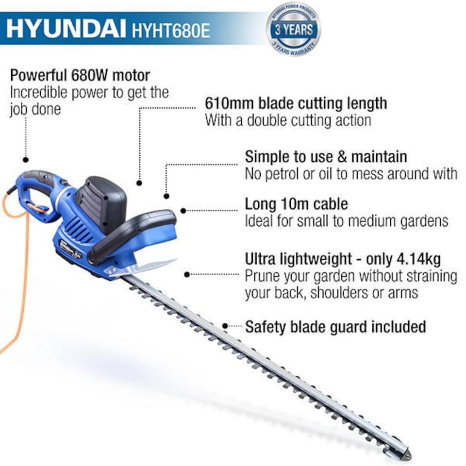 image 1 of Hyundai 680W 610mm Corded Electric Hedge Trimmer / Pruner | HYHT680E