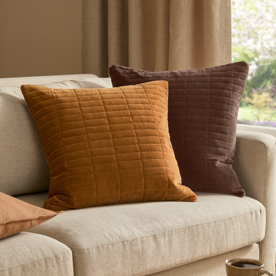 image 1 of Yard Dales Quilted 100% Cotton Velvet Cushion, Brown