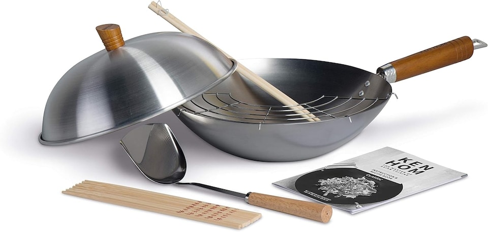 image 1 of Ken Hom Carbon Steel Wok Set, 31cm, Classic, Non-Induction/Natural Patina Non-Stick/Wooden Handle, Includes Wok Pan with Lid, Recipe Book, KH331103 | Black