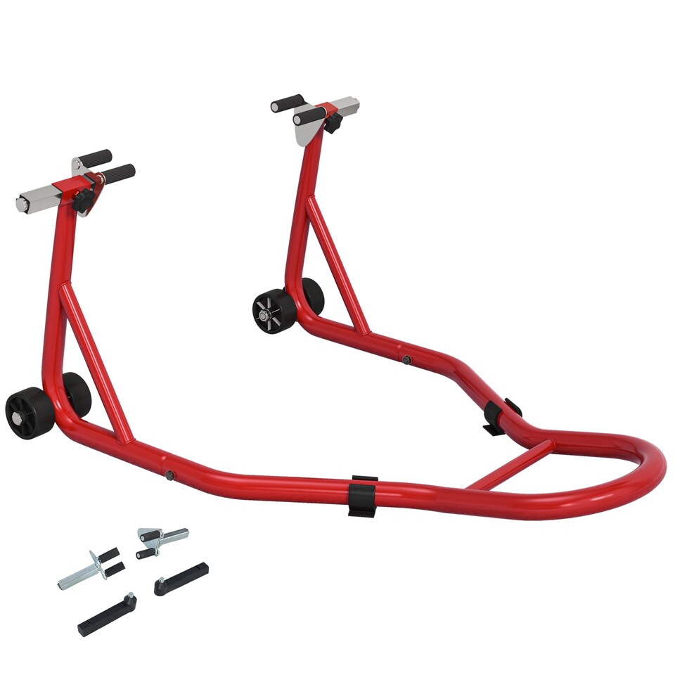 image 1 of HOMCOM Front Motorcycle Paddock Stand Motorbike Stand with Anti-Slip Mat, U-Shaped and L-Shaped Adapters, 200 kg Capacity, for 18", 17" and 10" Tyre, Red